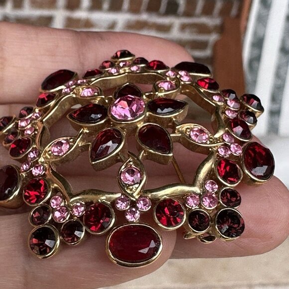 VTG Brooch Pin 2" Rhinestone Blooming‎ Flower Pink Red Gold Plated Geometric - Picture 4 of 9